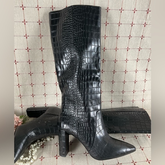 💐HPx3💐 😍 PAIGE Carmen Black Croc Embossed Leather Knee High Boots 6 NWOB - Picture 3 of 7